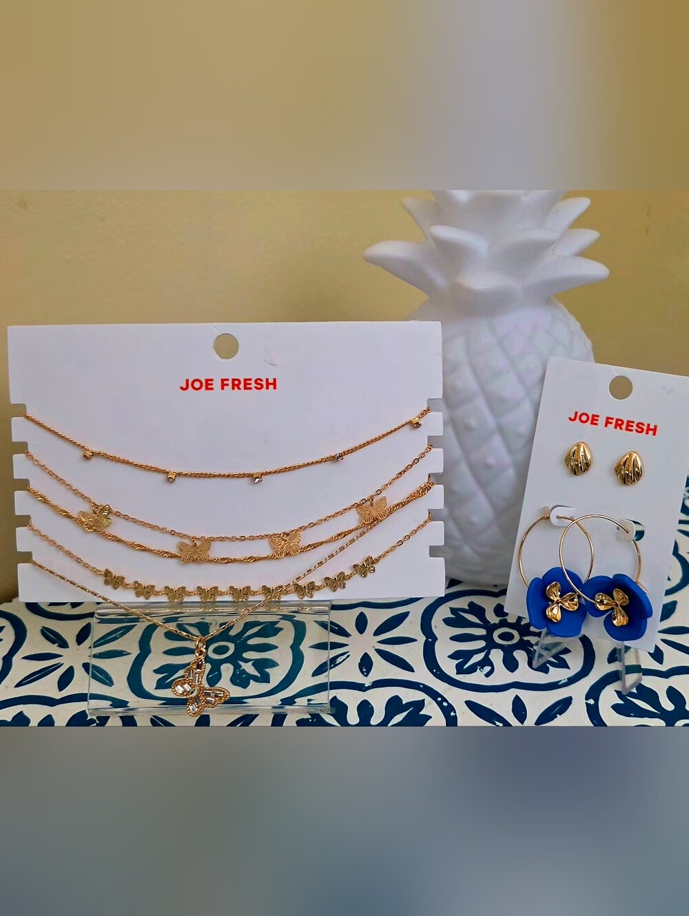 Joe Fresh Gold Set Of 5 Butterfly Necklaces And Gold And Blue Hoops And Studs